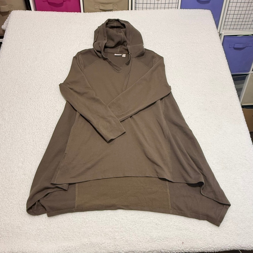 LOGO Lori Goldstein Zoey Mixed Media Waffle Knit Tunic Hoodie Brown‎ Mens L